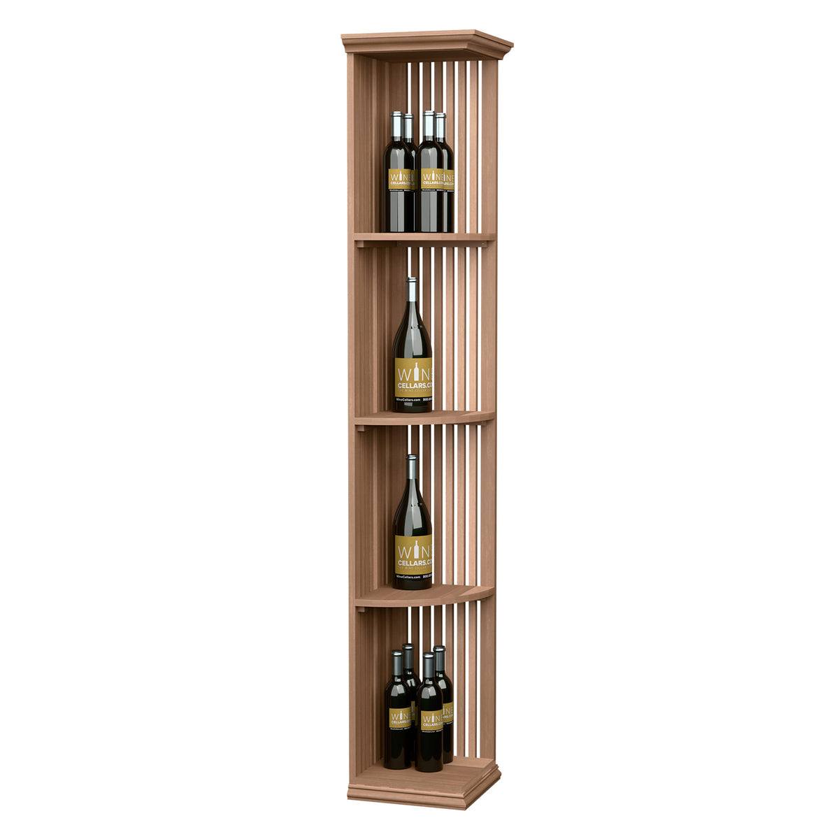 Natural wood lattice quarter-round wine shelf with four curved tiers and square base