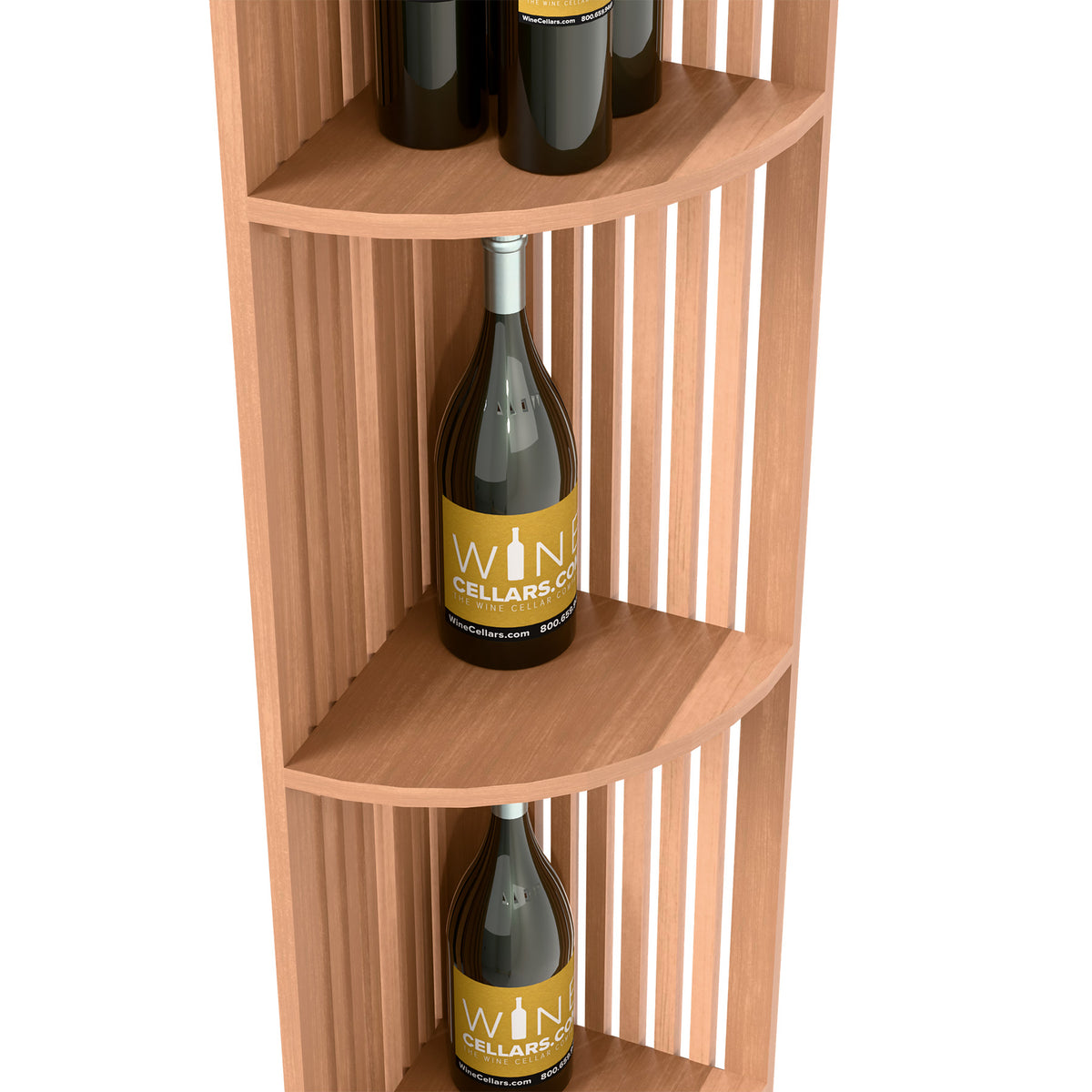 Natural wood lattice wine shelf with bottles on rounded top and middle shelves