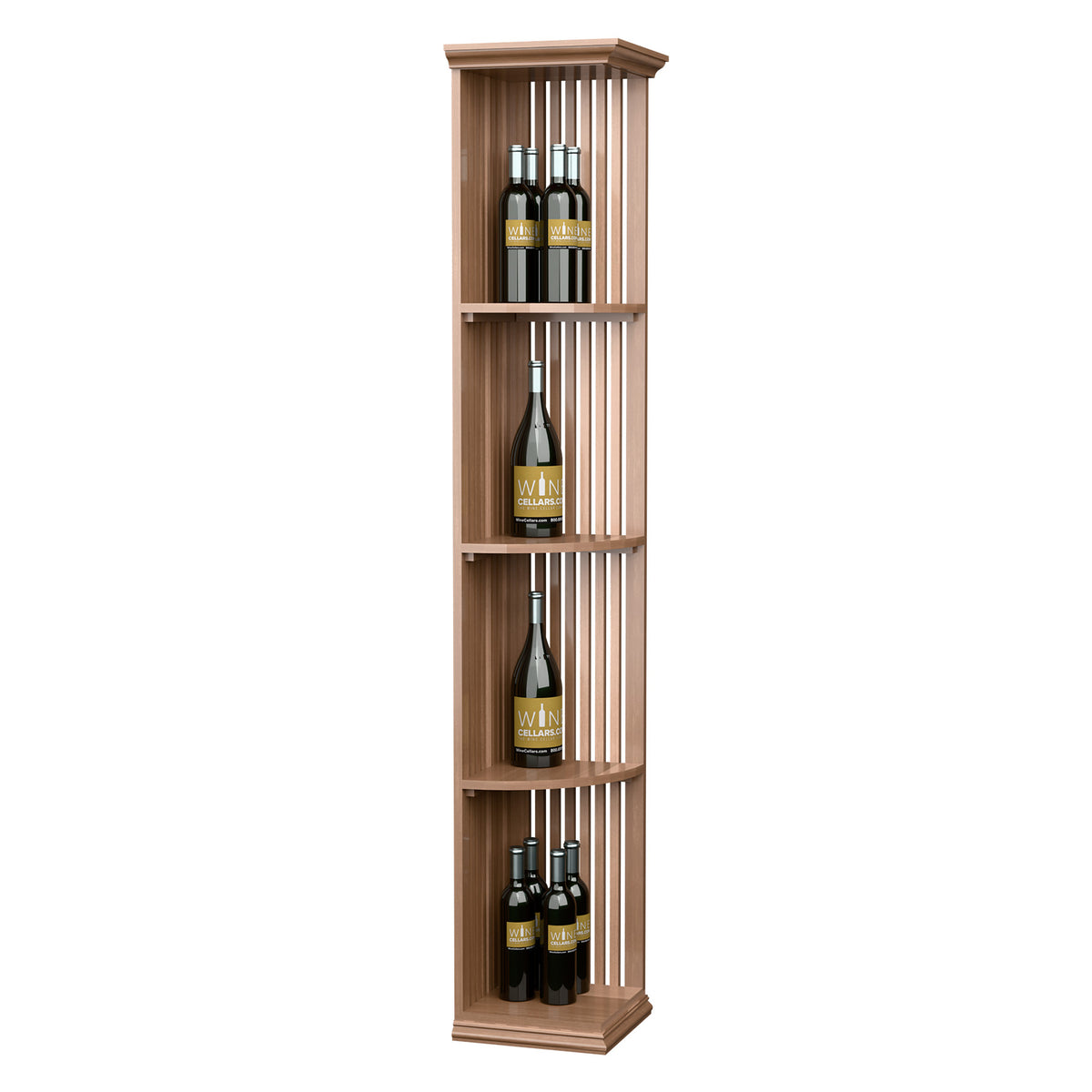 Light wood lattice quarter-round wine shelf with square base, three curved tiers