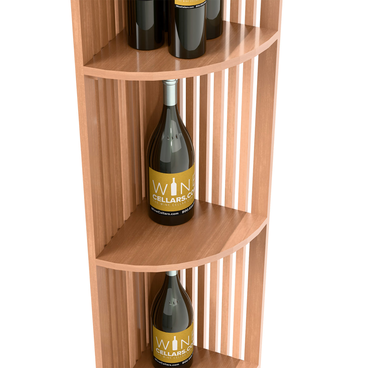 Light wood lattice quarter-round shelf detail with curved shelves and wine bottle display