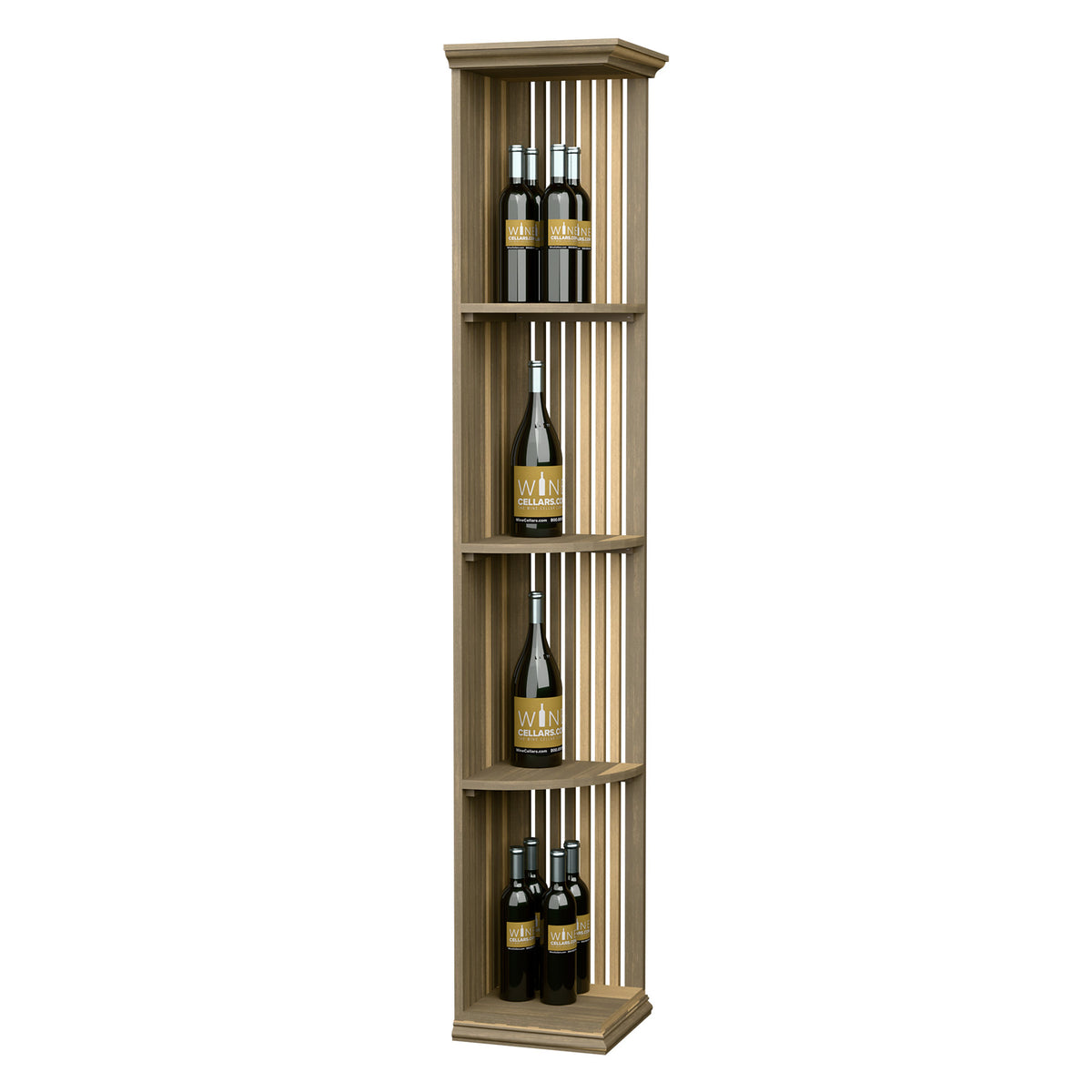 Light wood lattice quarter-round wine display shelf on square base, three-tier design