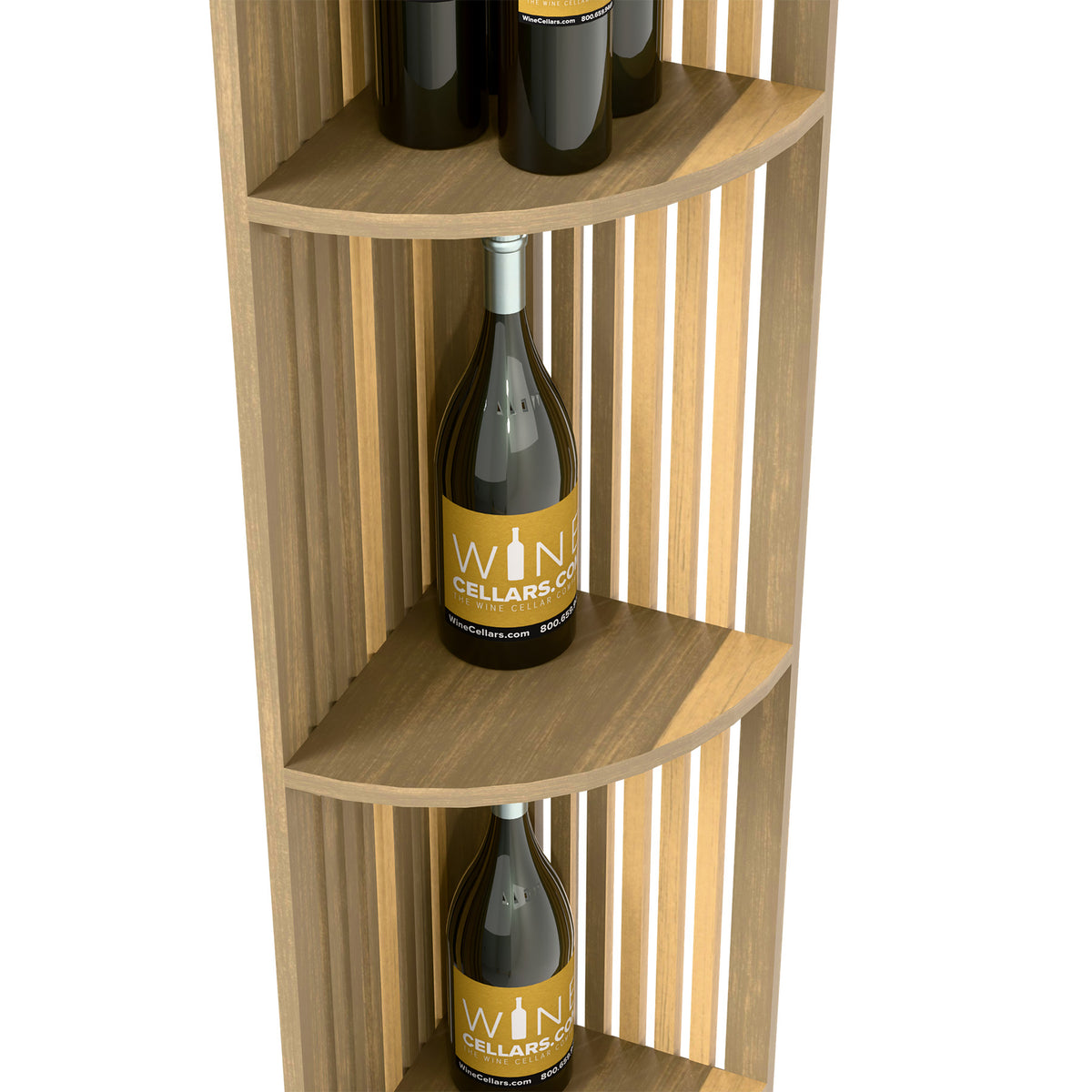 Light wood lattice quarter-round shelf close-up showing two curved tiers and slatted back