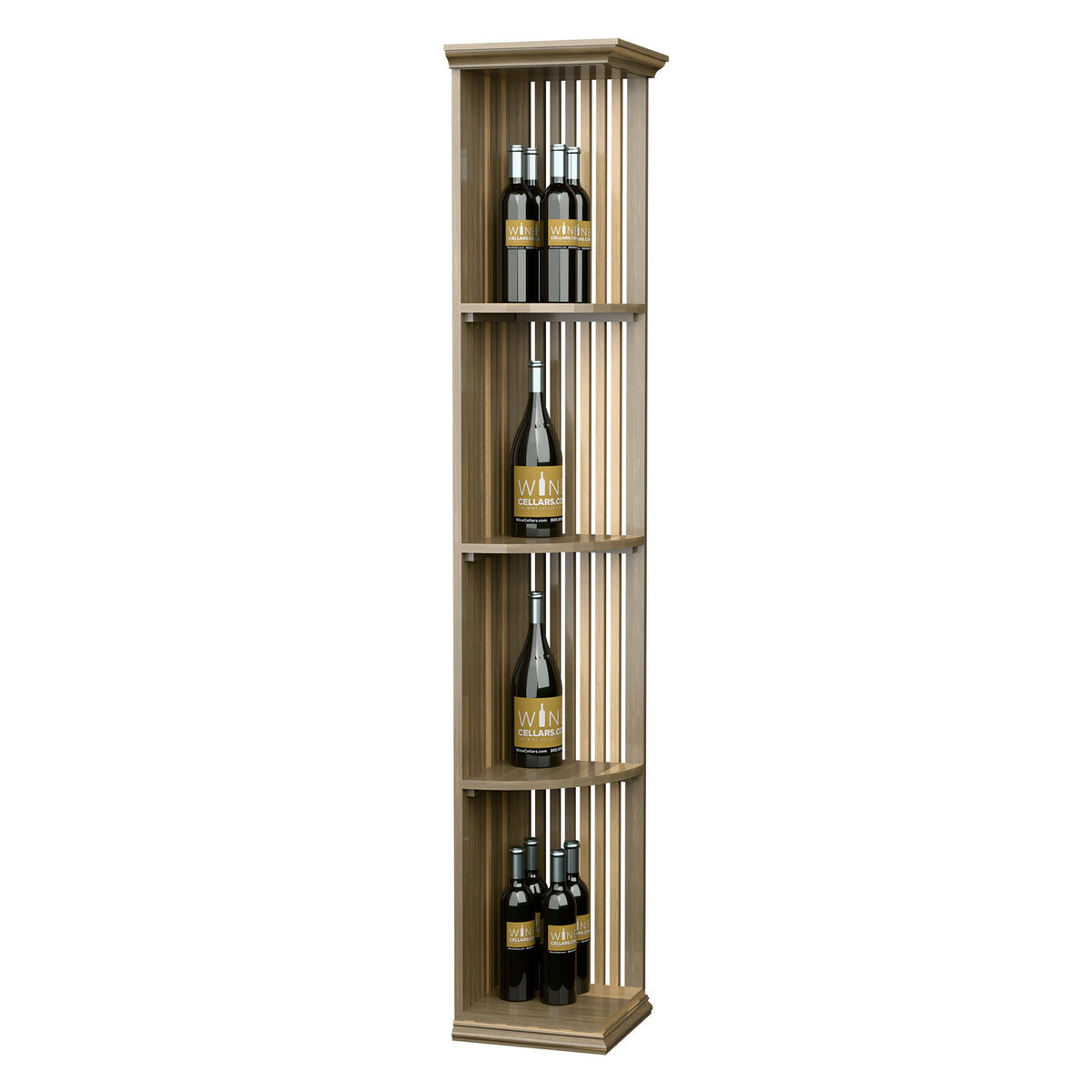 Light wood lattice quarter-round wine shelf with square base and three curved shelves
