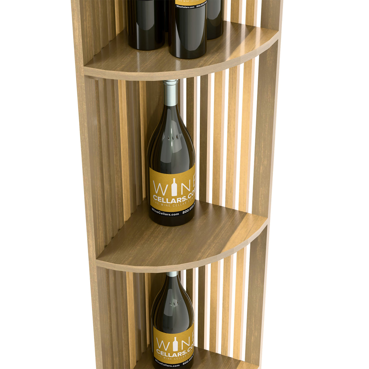 Light wood lattice quarter-round wine shelf close-up of curved shelves and slatted sides