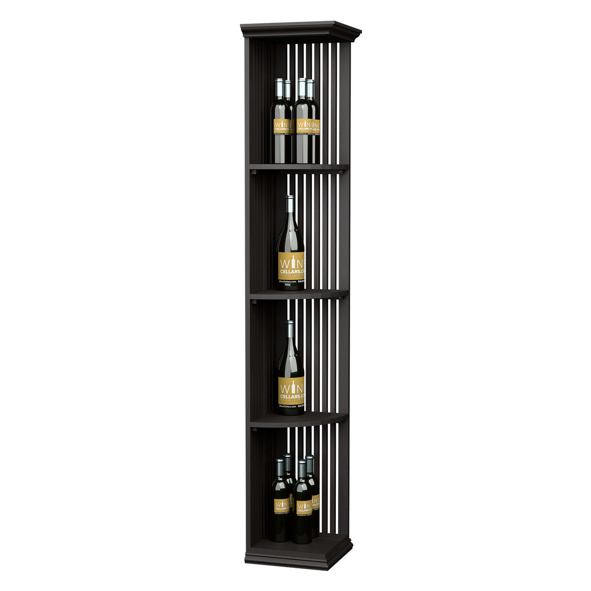 Dark wood lattice quarter-round wine shelf with square base, three curved tiers