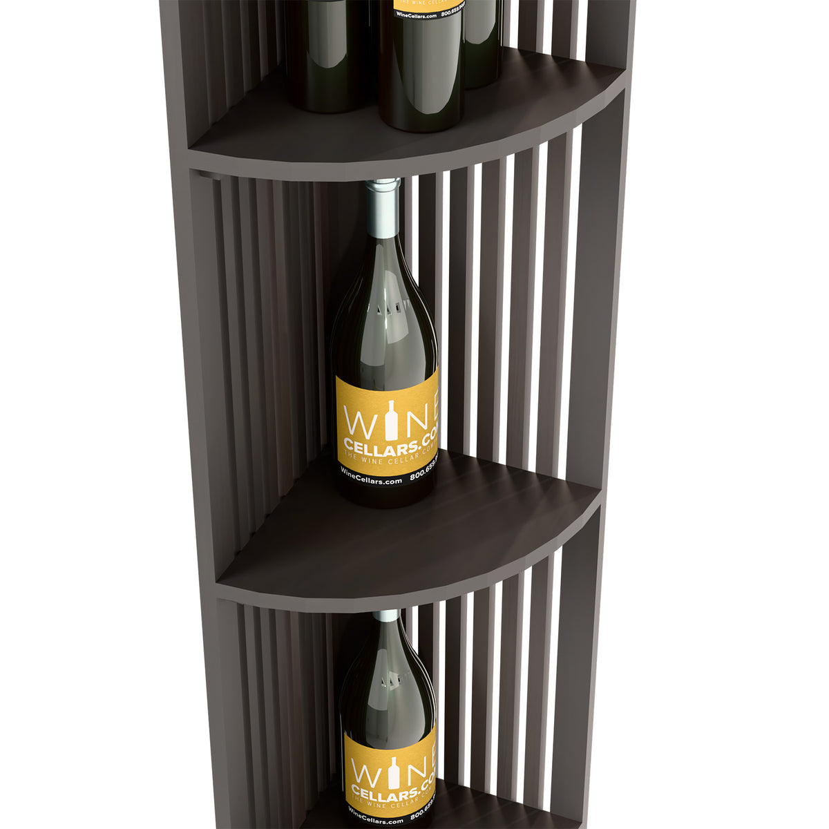 Dark wood lattice quarter-round shelf detail with curved shelves for wine bottle display