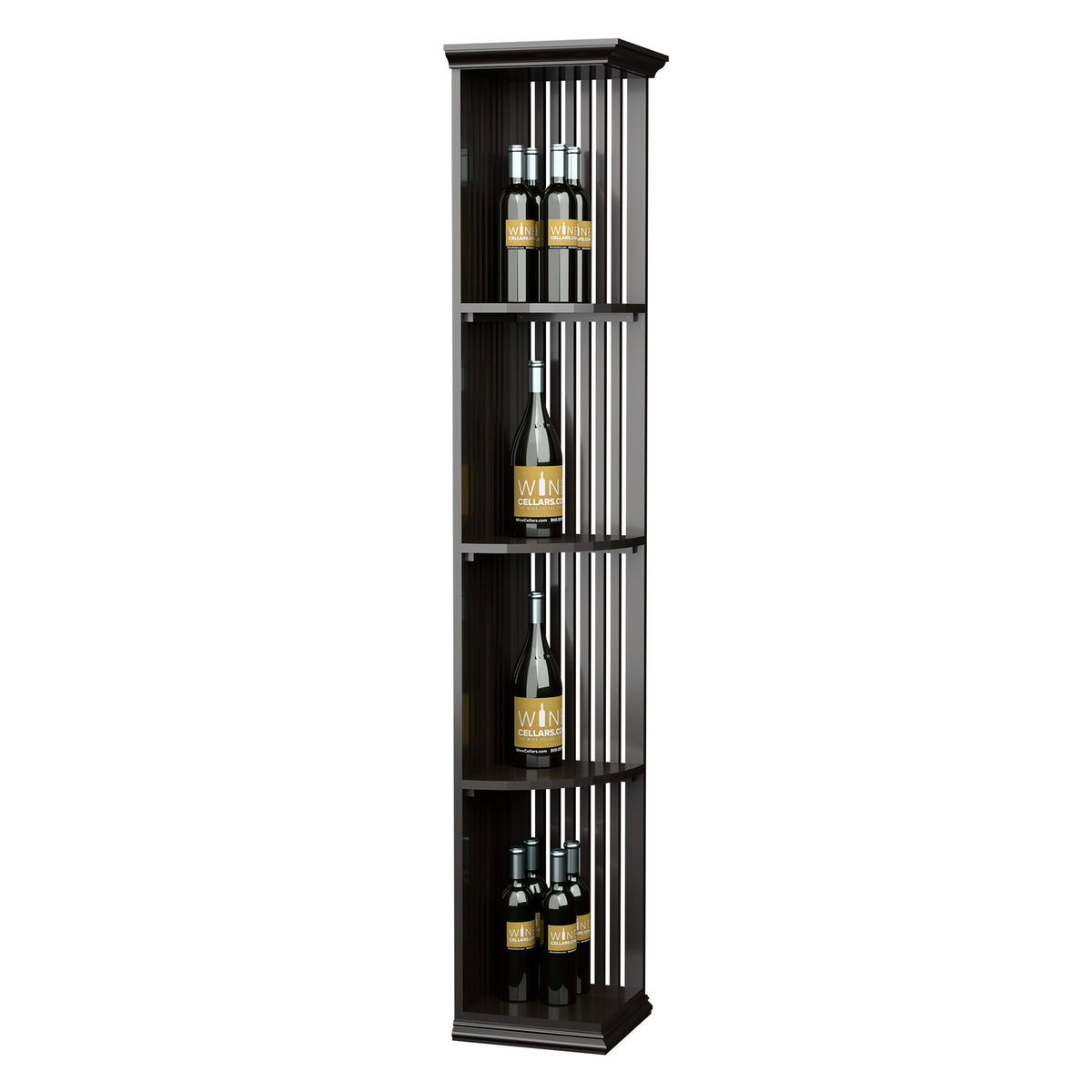 Dark wood lattice quarter-round wine display shelf on square base, three-tier design