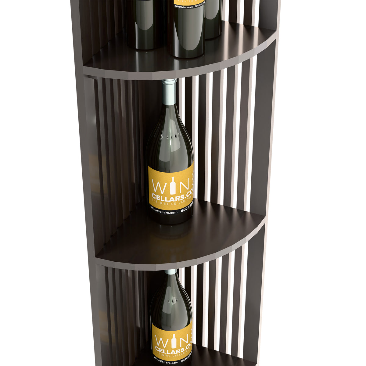 Dark wood lattice quarter-round wine shelf close-up with curved shelves and slatted back