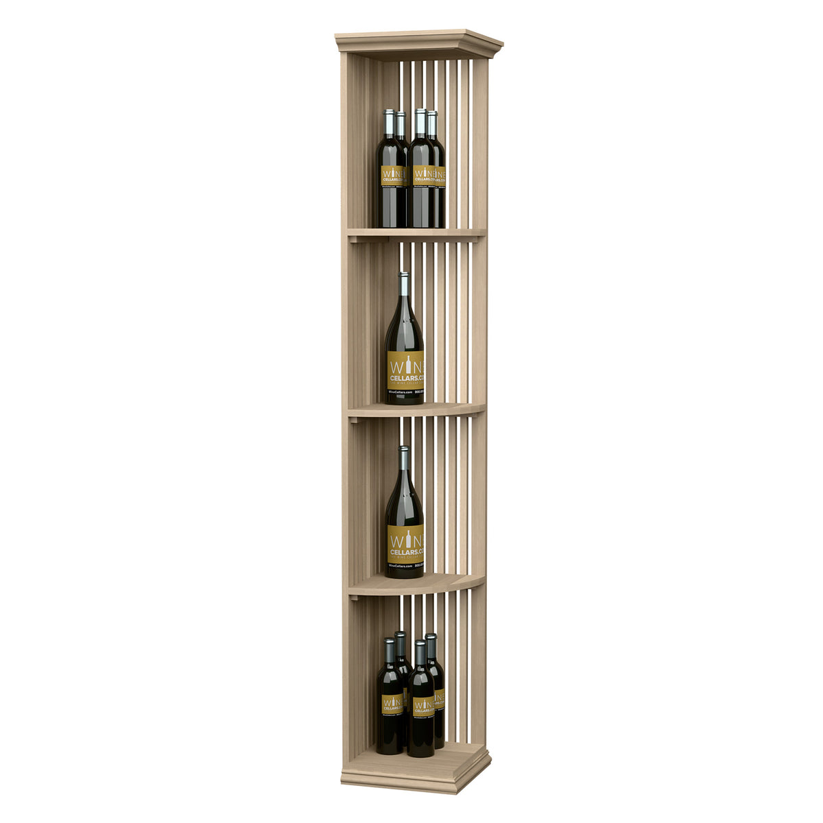 Quarter round wine shelf with square base, three open tiers, slat/lattice back, holds bottles