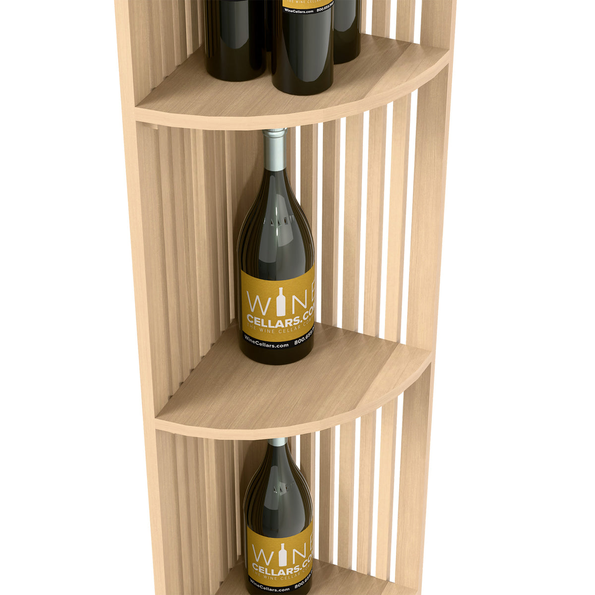 Quarter round wine shelf corner unit with slatted back and curved shelves, bottle display tier