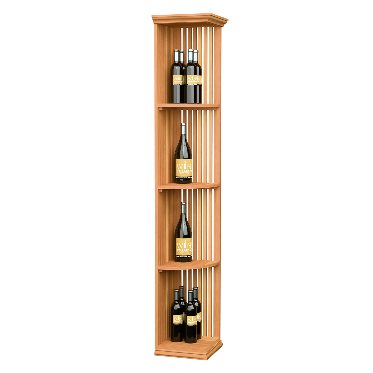 Quarter round wine shelf with square base, slatted backing, three tiers, warm wood finish