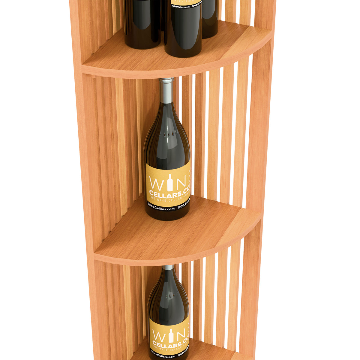 Warm wood quarter round wine shelf with slatted back and curved shelves, bottle on upper tier