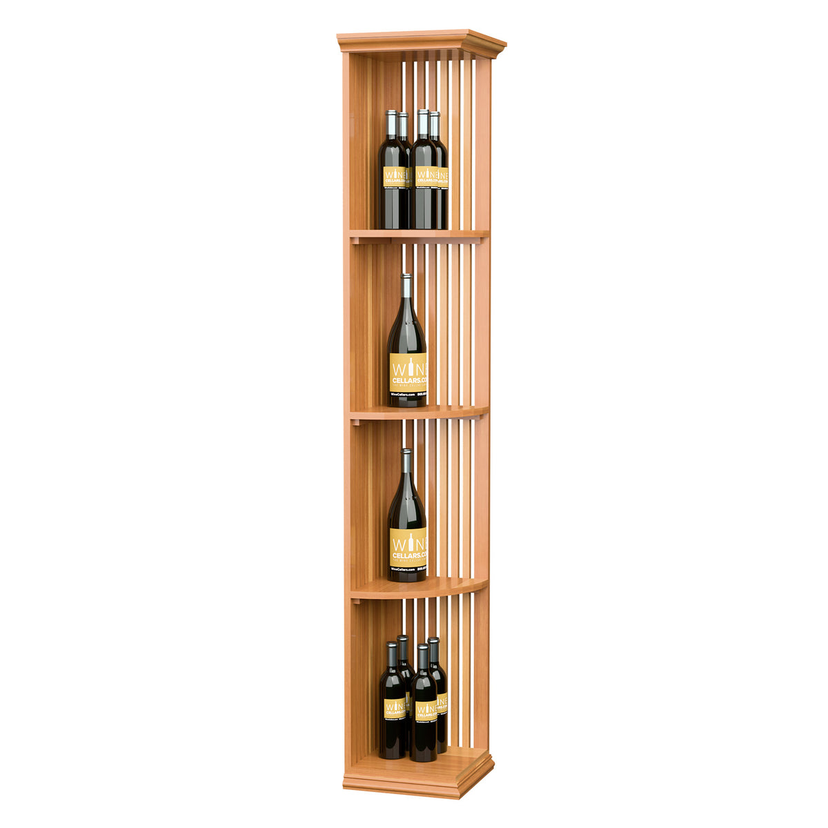 Warm wood quarter round wine shelf with square base and slat backing, three bottle tiers