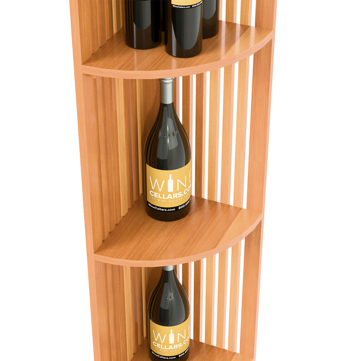 Warm wood quarter round wine shelf with slatted back, curved shelves, bottle on middle tier