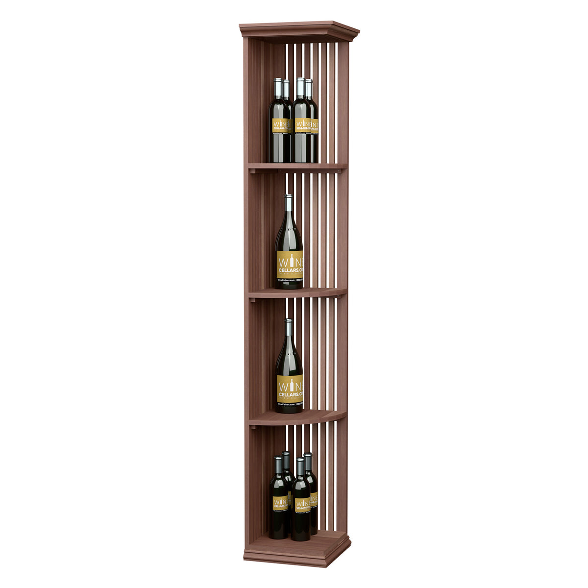 Dark-stained quarter round wine shelf with square base, slatted back, three open bottle tiers