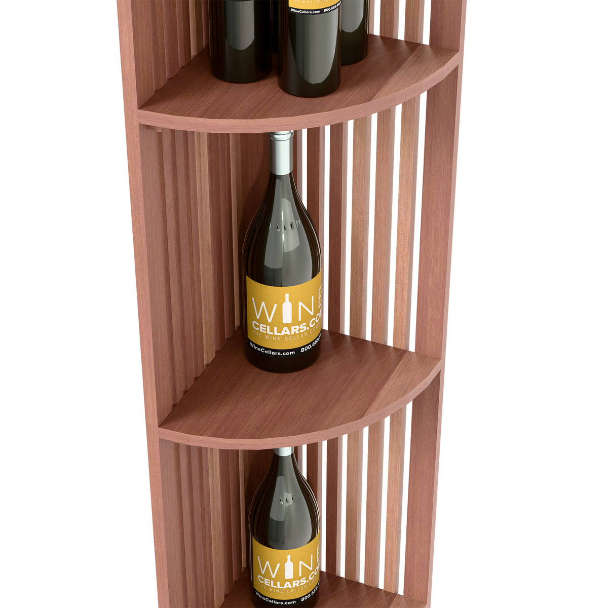 Dark-stained quarter round wine shelf with slatted back and curved shelves, bottle on middle tier