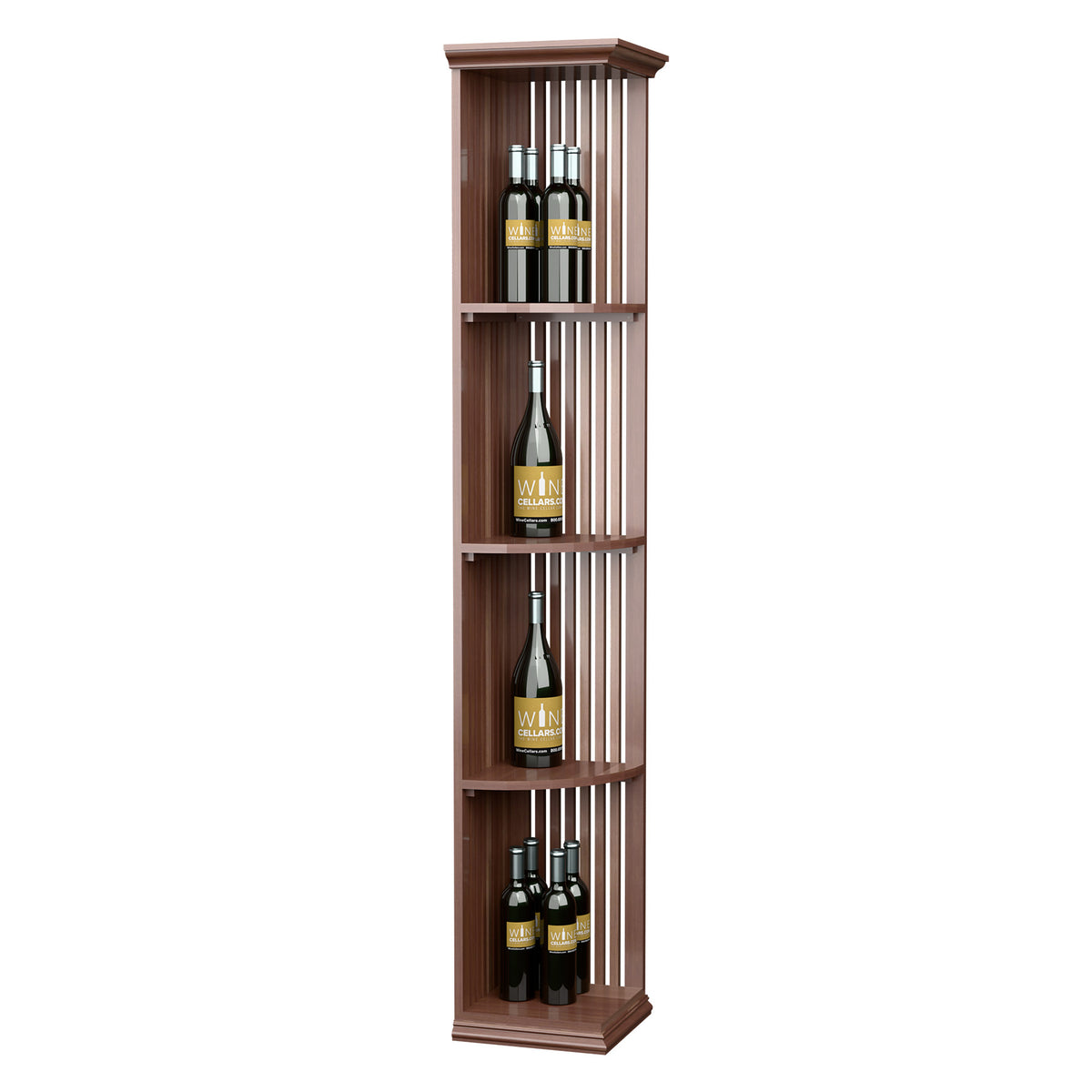 Quarter-round lattice wood wine shelf with square base, multi-tier bottle storage