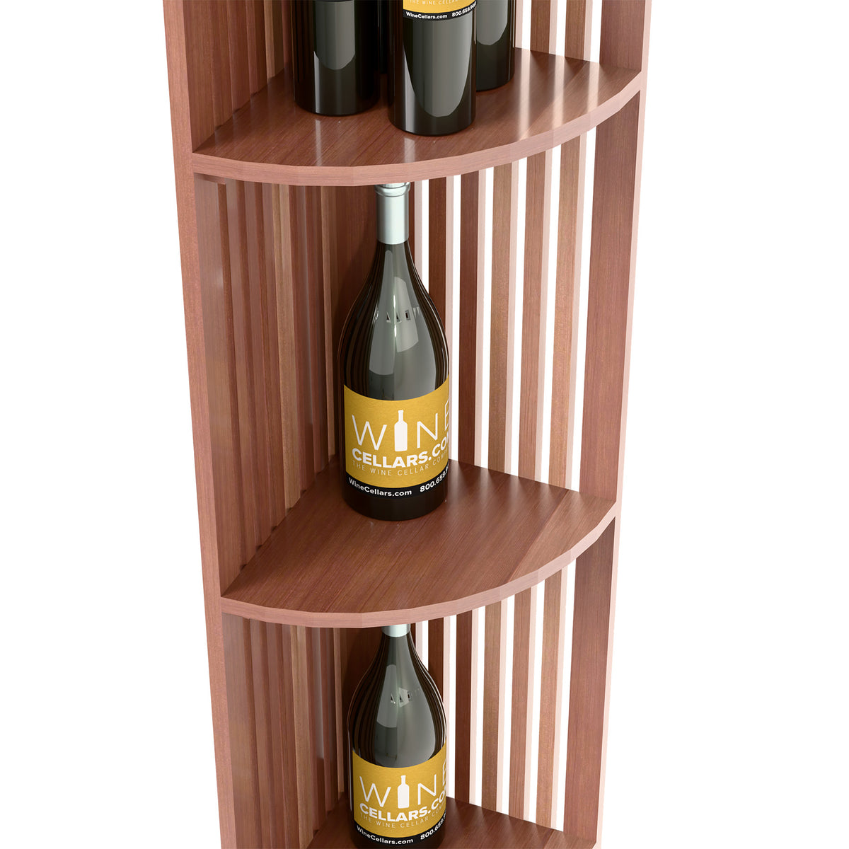 Close-up: quarter-round lattice wood wine shelf with bottle on middle shelf