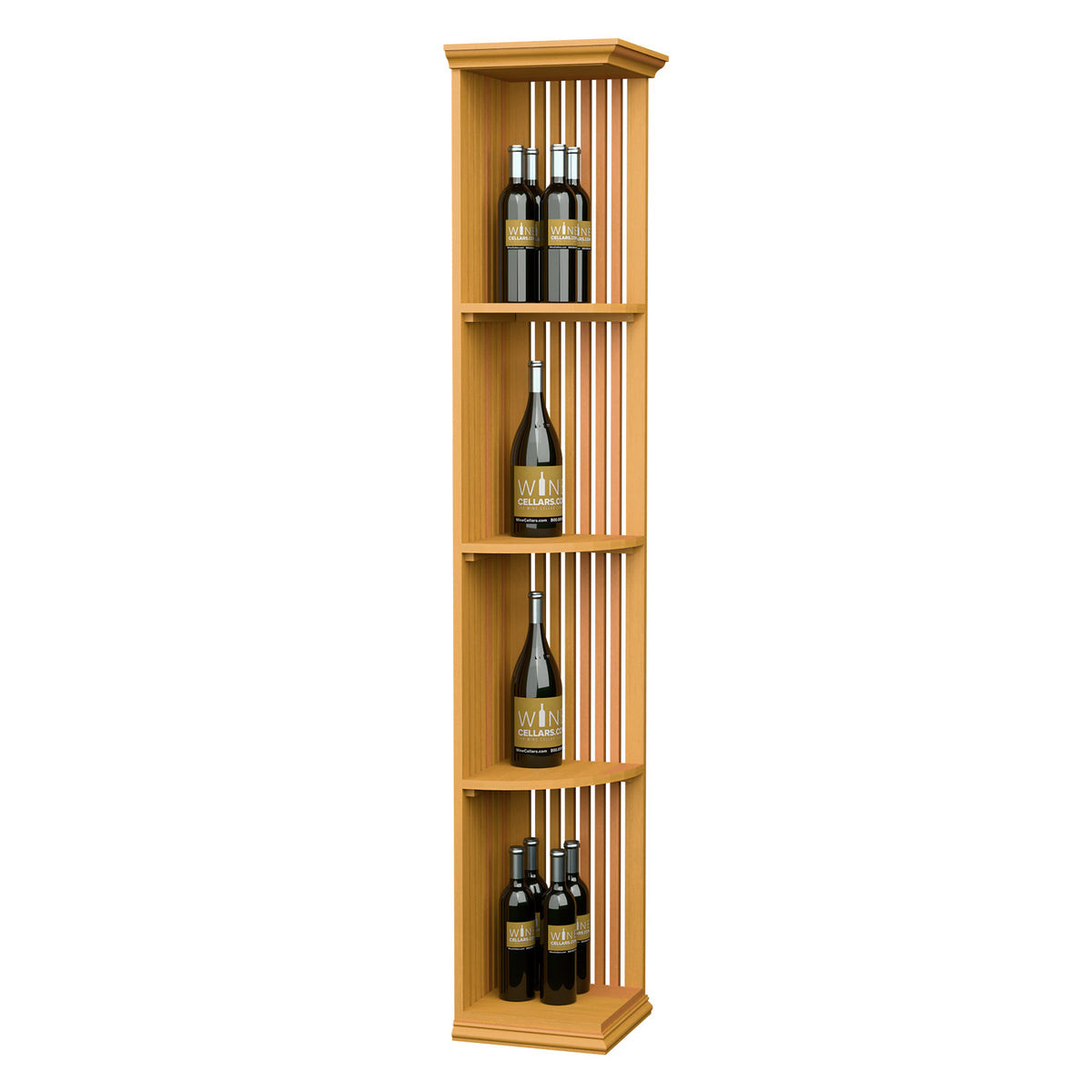 Quarter-round lattice wood wine shelf with square base, warm light wood finish