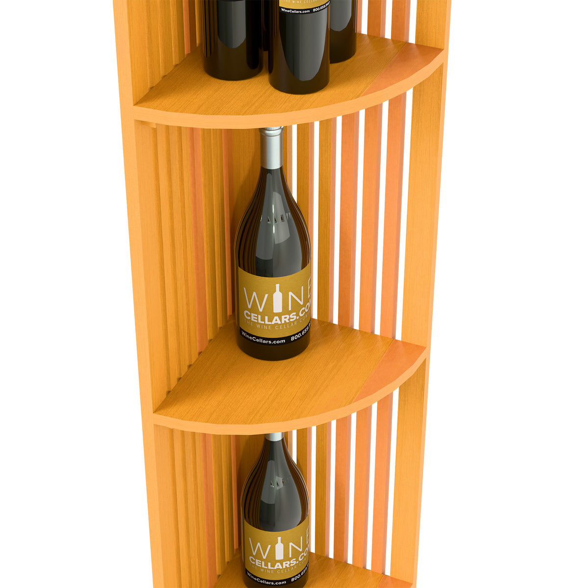 Close-up: quarter-round lattice wood wine shelf with wine bottle on lower shelf