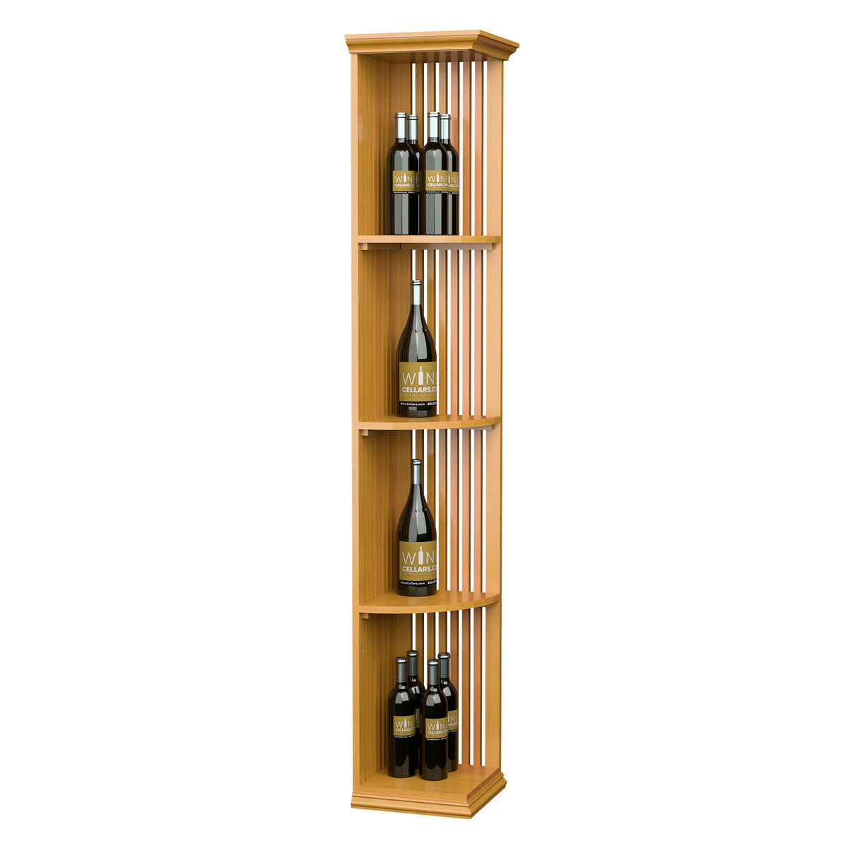 Quarter-round lattice wood wine shelf with square base, filled bottle display