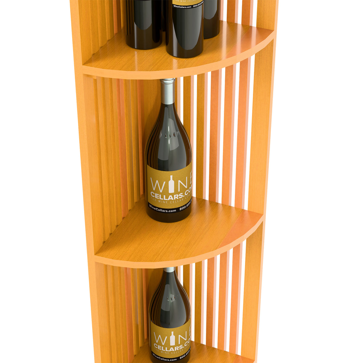 Close-up: quarter-round lattice wood wine shelf with wine bottle on middle shelf