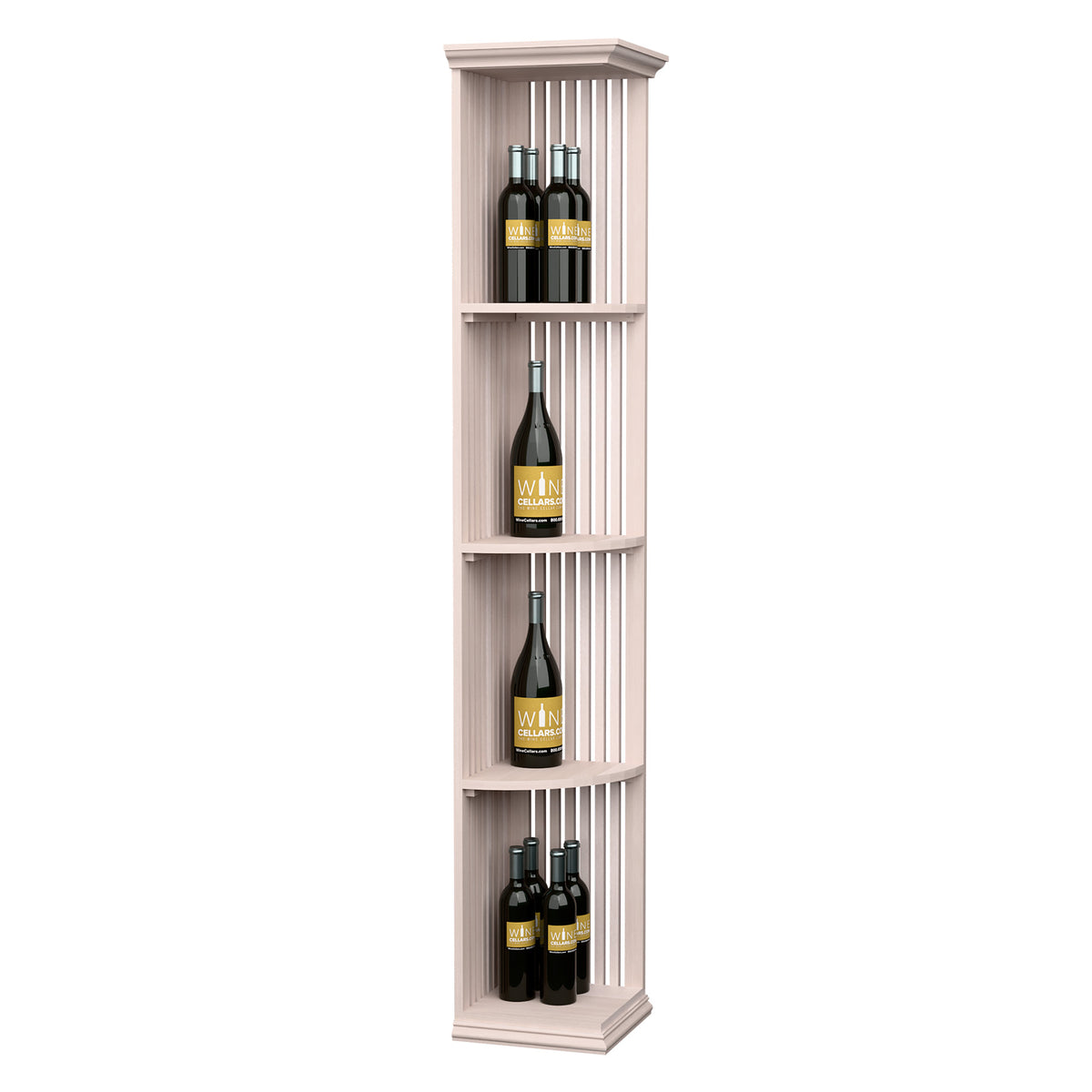 Quarter-round lattice wood wine shelf with square base, light/white stained finish