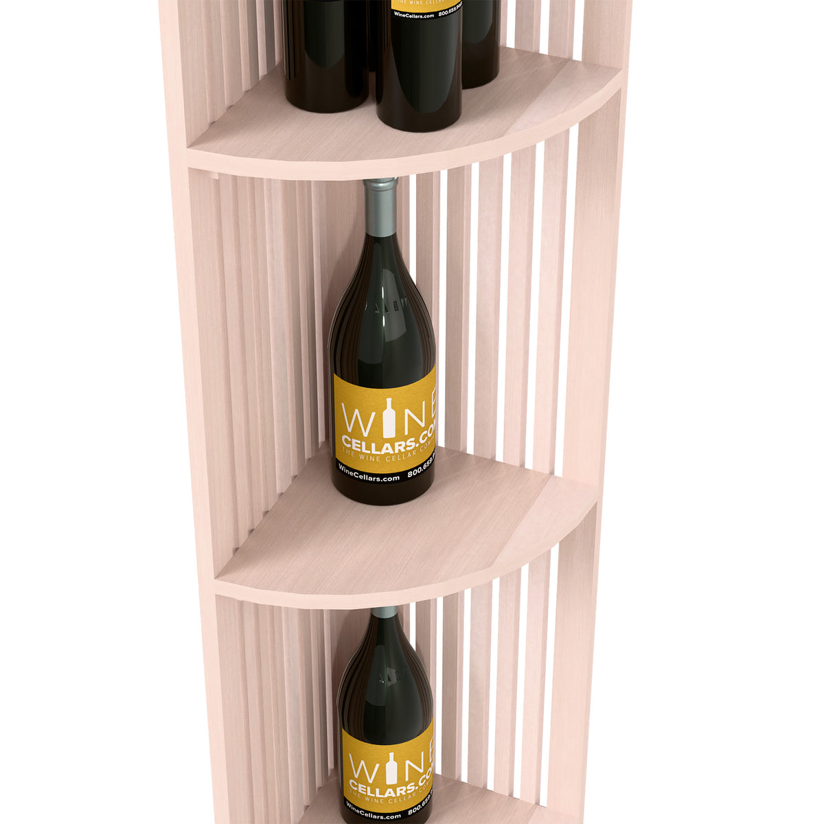 Close-up: quarter-round lattice wood wine shelf with wine bottle on middle shelf