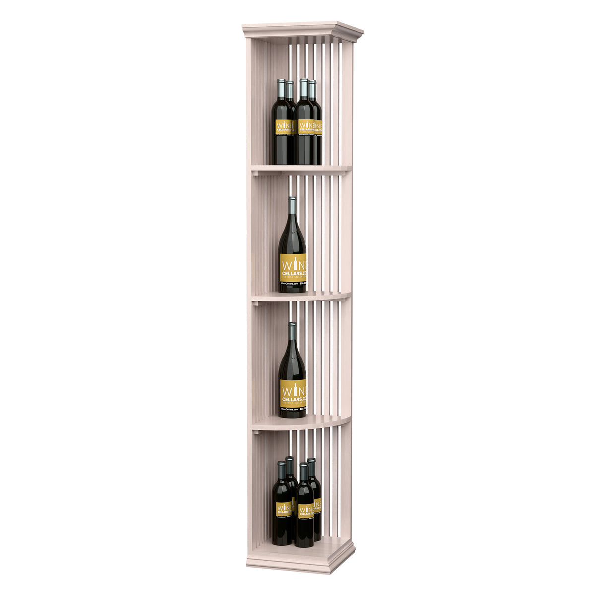 Quarter-round lattice wood wine shelf with square base, light stained wood bottle rack
