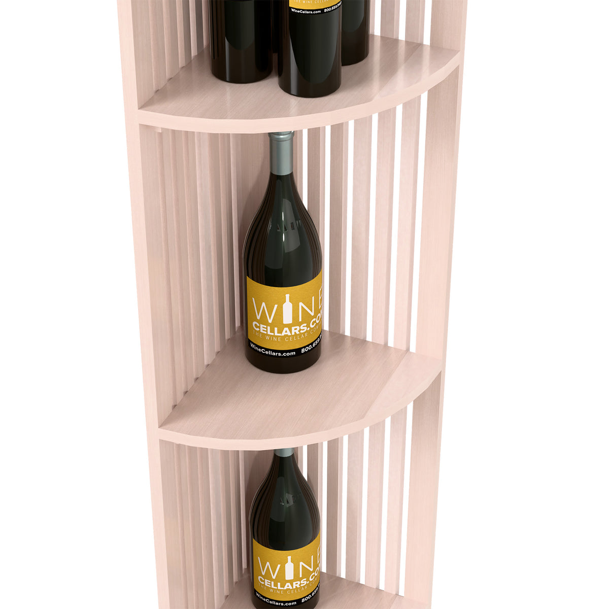 Close-up: quarter-round lattice wood wine shelf with wine bottle on lower shelf