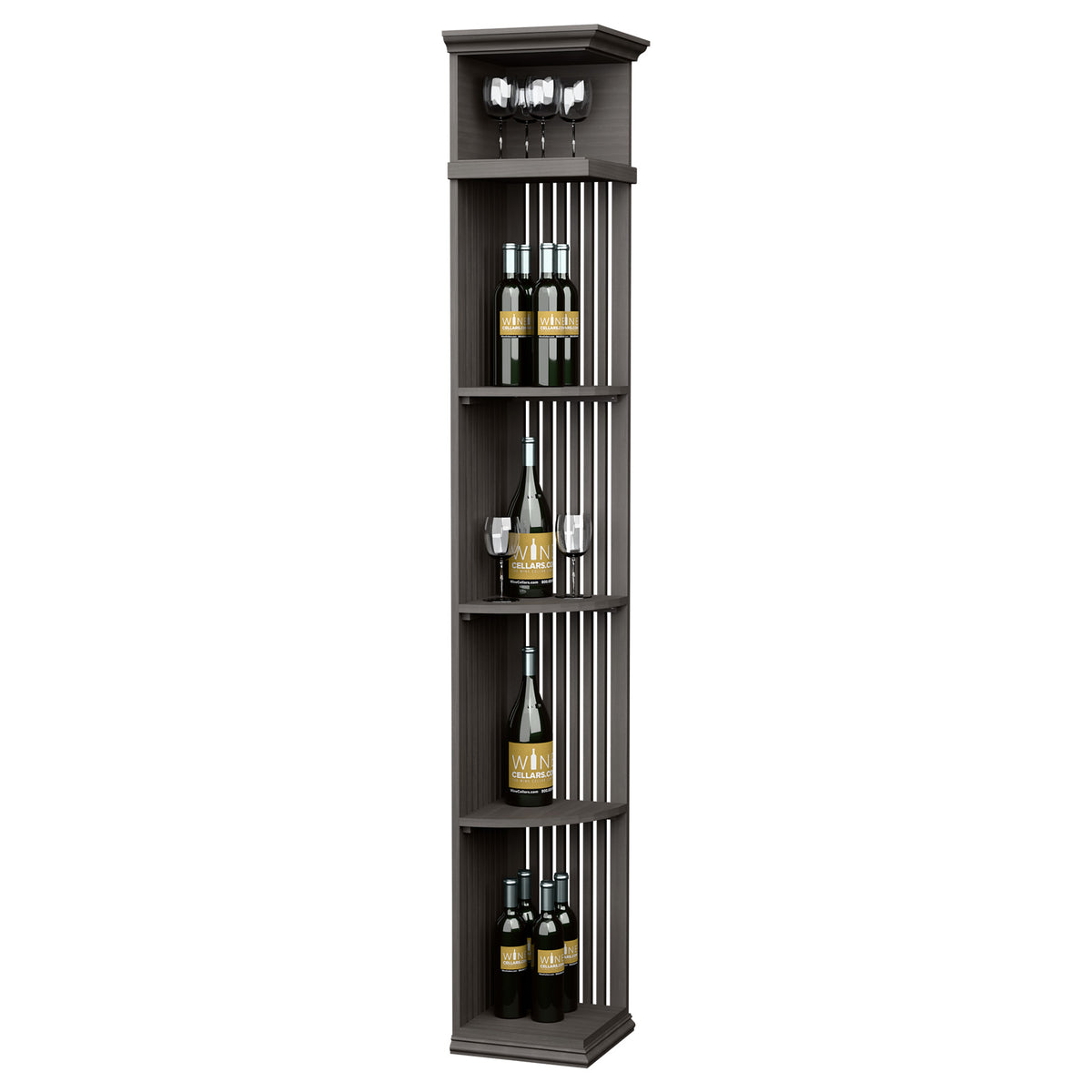 Tall wine rack shelf with lattice sides, square base, dark grey finish for bottles