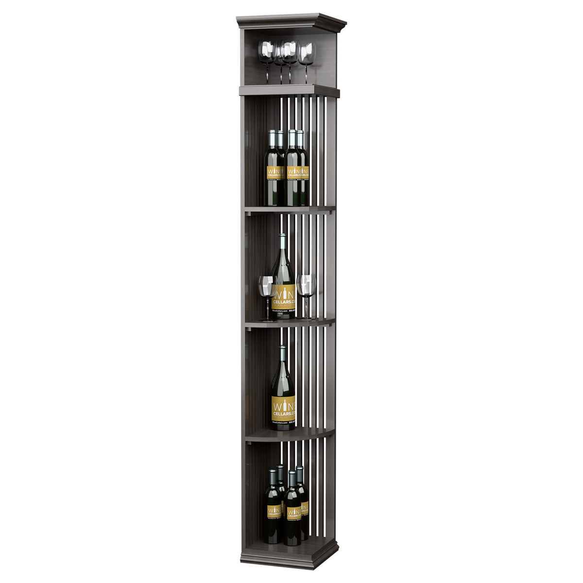 Tall wine storage cabinet with lattice front panels, square base, dark grey stain