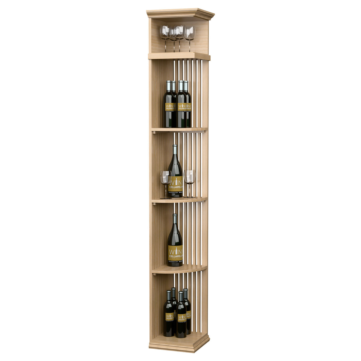 Tall wine storage cabinet with lattice panels, square base, pale natural finish
