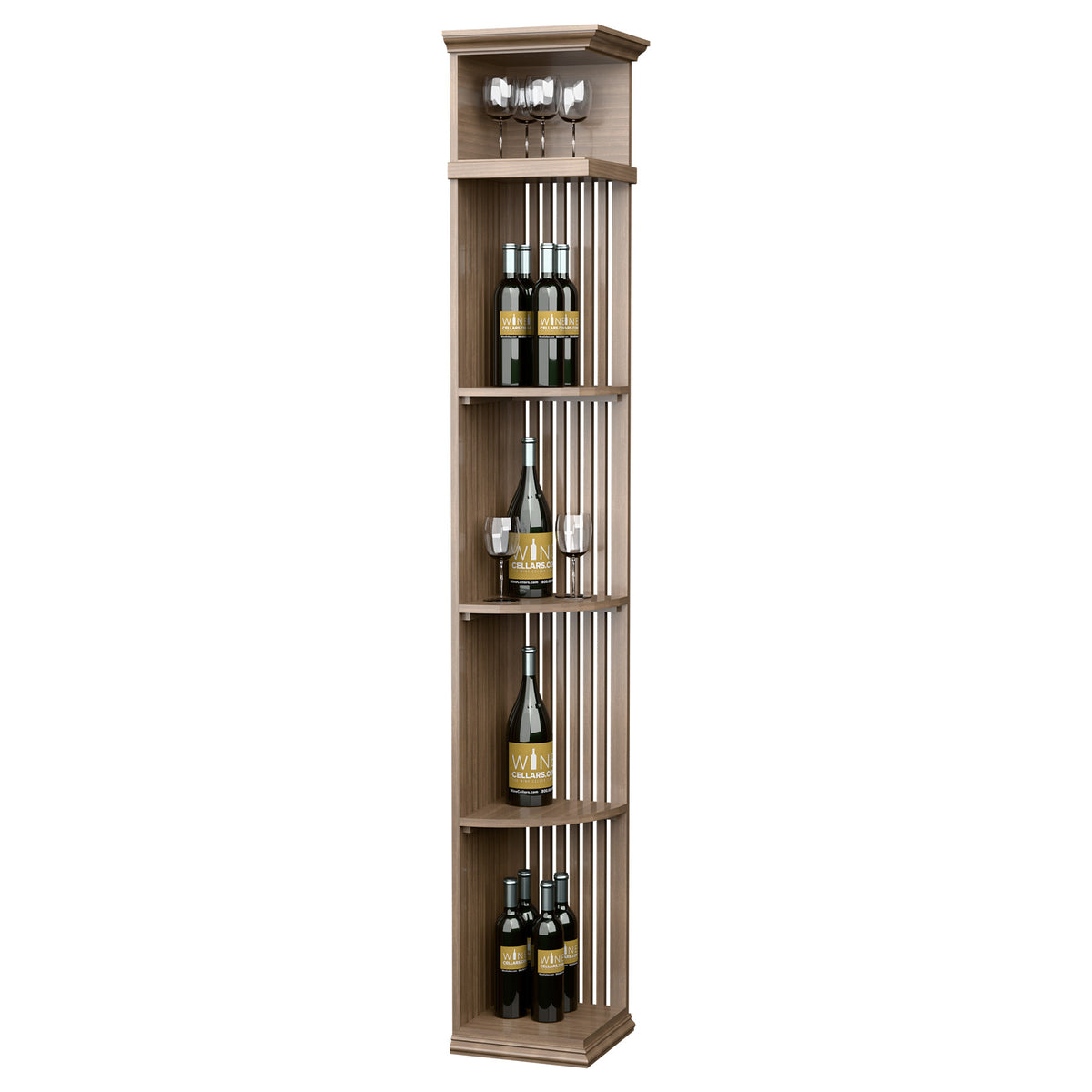Tall wine storage shelf with lattice panels, square base, creamy natural color