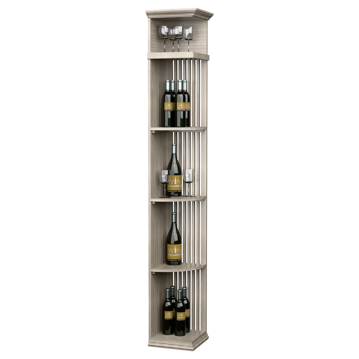 White quarter-round lattice wine shelf with square base, open bottle compartments