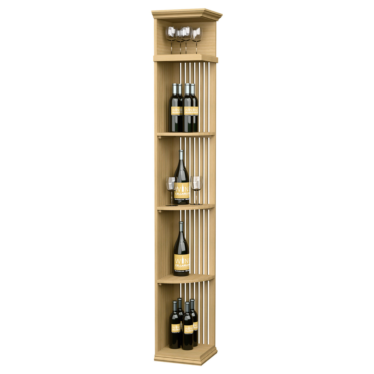 Natural wood quarter-round lattice wine shelf with square base and bottle cubbies