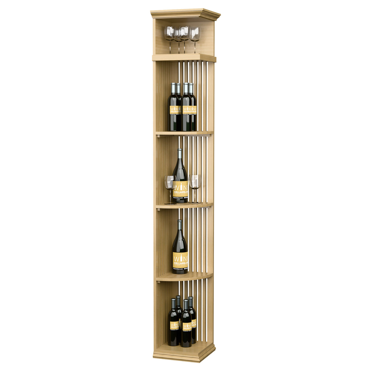 Light wood quarter-round lattice wine shelf with square base, open storage shelves