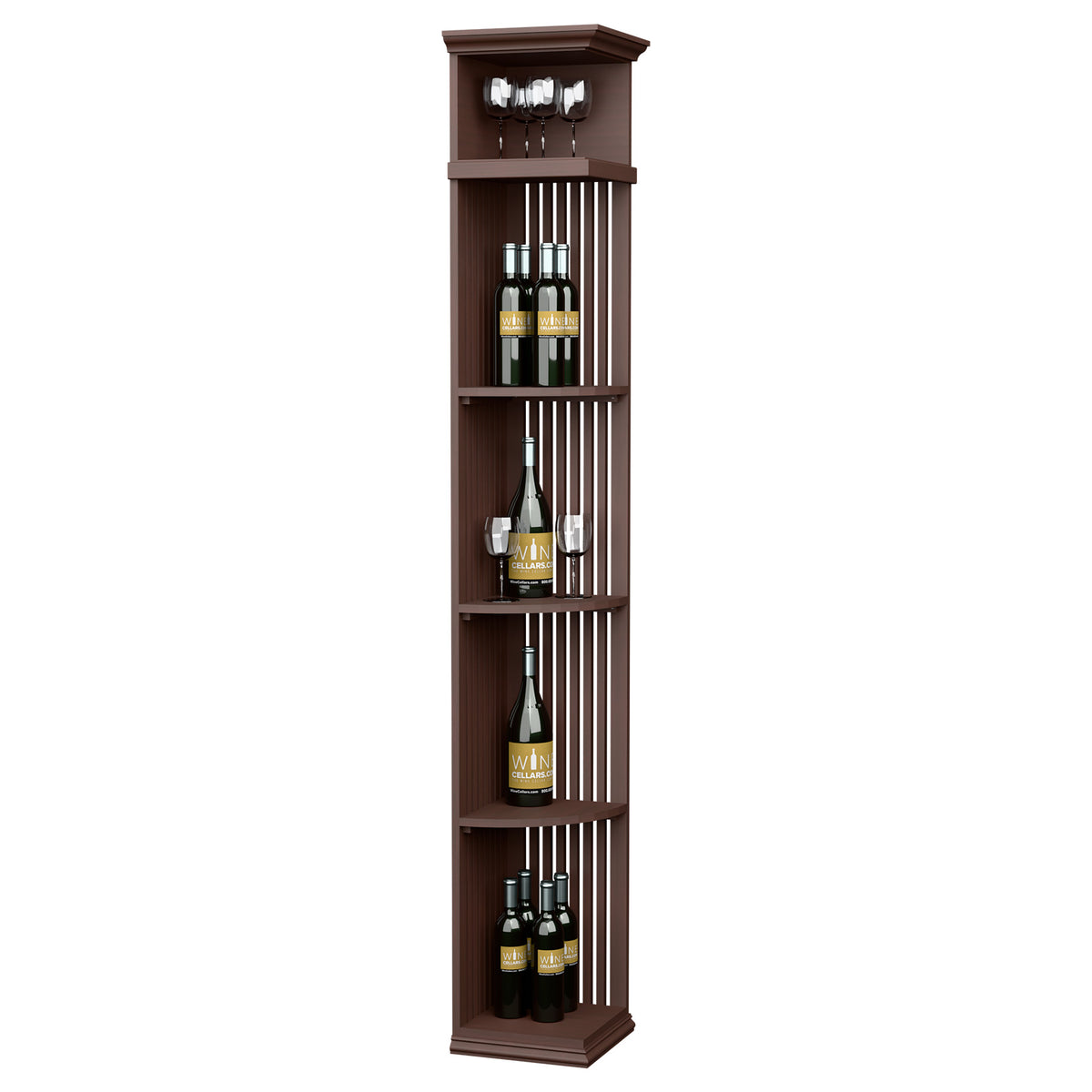 Espresso-brown quarter-round lattice wine shelf with square base and bottle compartments