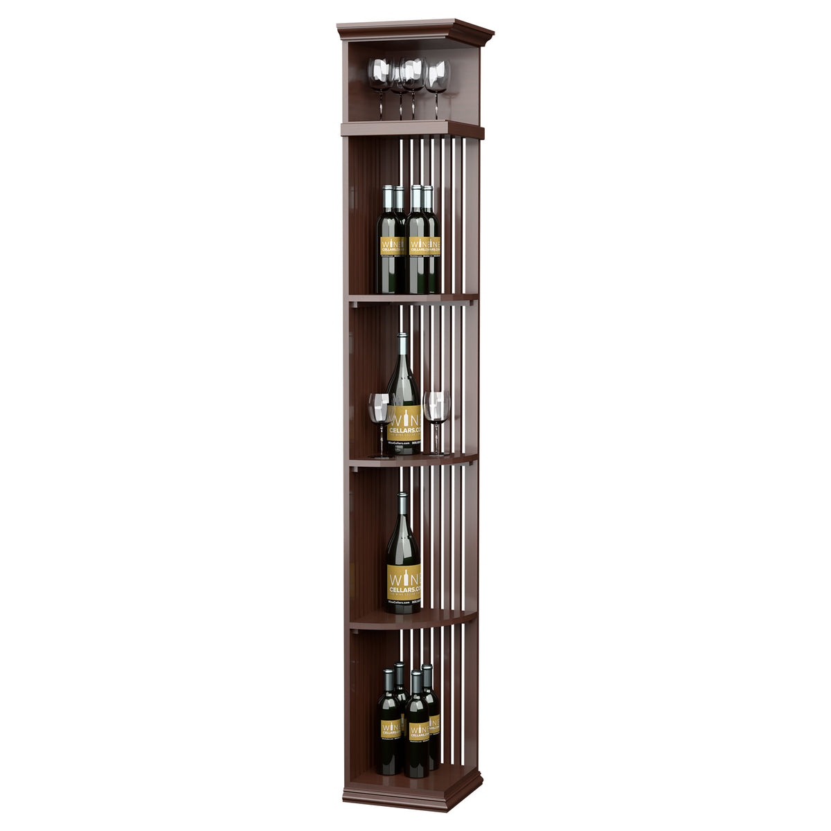 Dark brown quarter-round lattice wine shelf with square base, open bottle storage