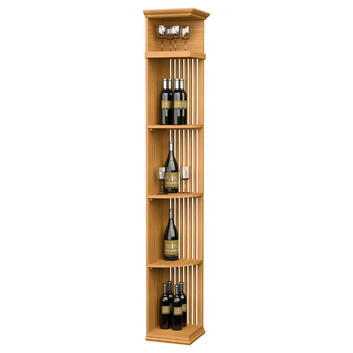 Light honey wood quarter-round lattice wine shelf with square base and bottle display