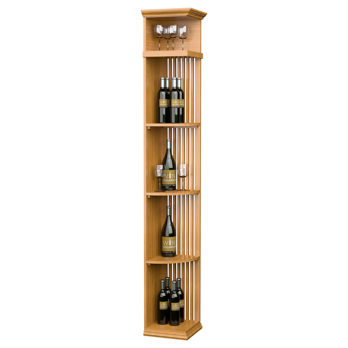 Pale wood quarter-round lattice wine shelf with square base and vertical bottle cubbies