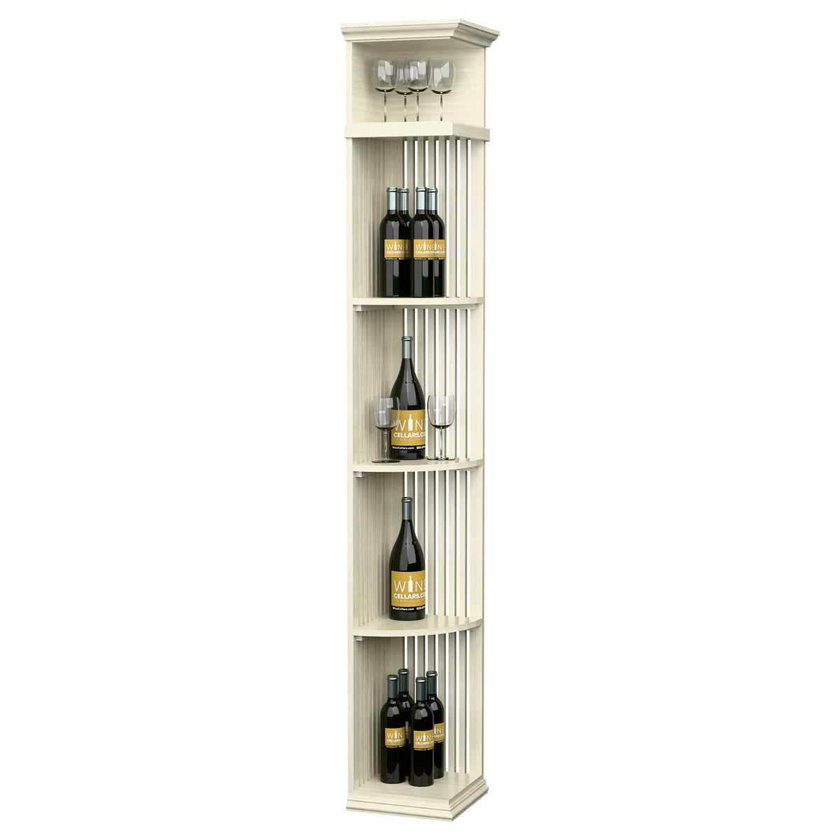 White quarter-round lattice wine shelf with square base, stacked bottle and rack openings