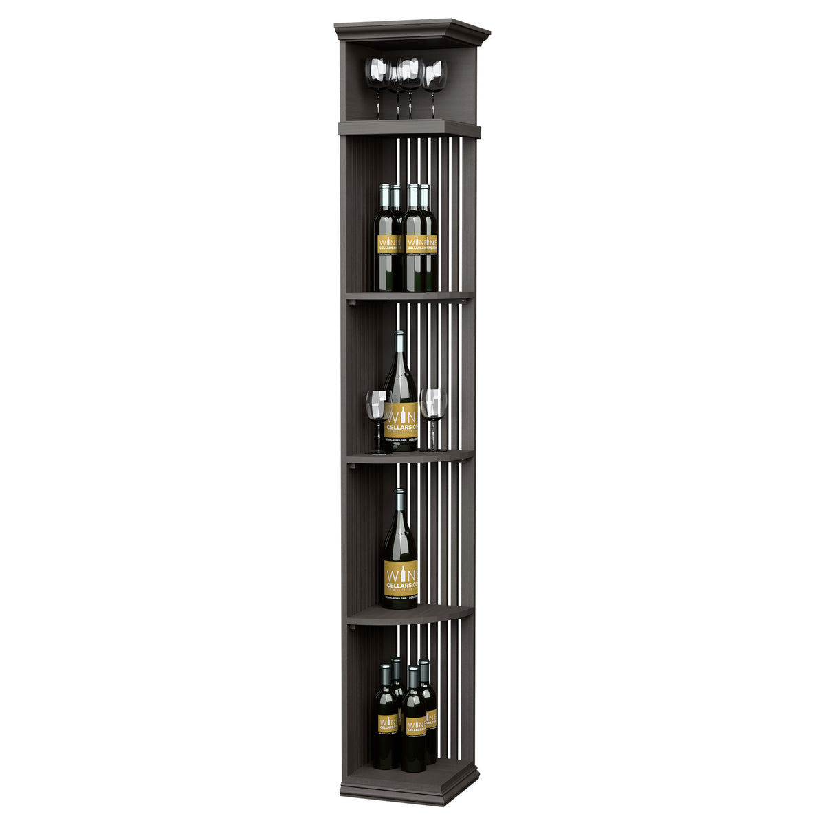 Dark lattice wine bottle shelf with square base, 7 ft tall