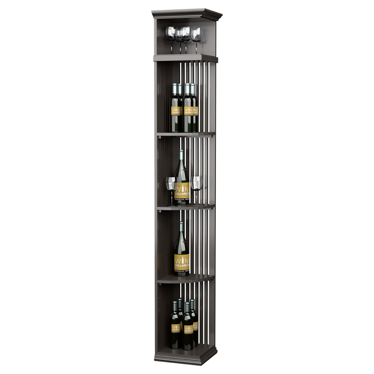 Tall dark wine bottle rack with lattice panels and square base, 7 ft