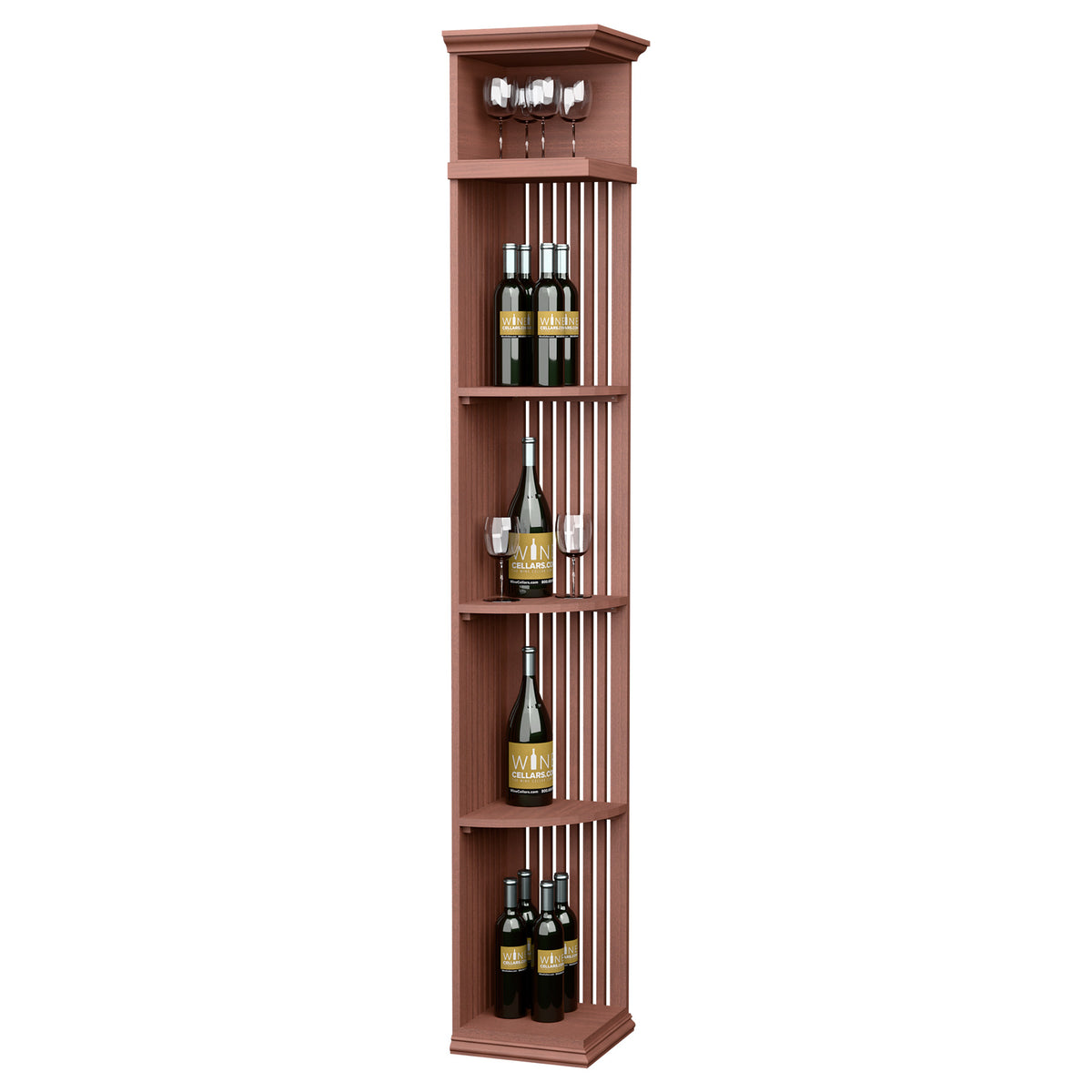 Red wood lattice wine bottle shelf with square base, 7 ft tall