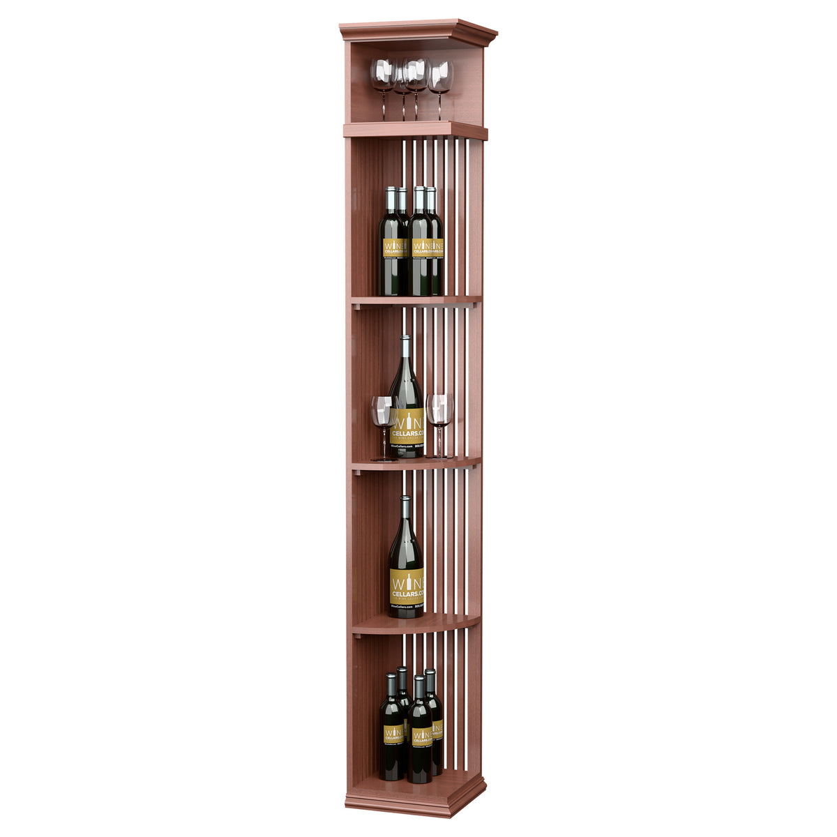 Medium red lattice wine bottle shelf with square base, 7 ft tall