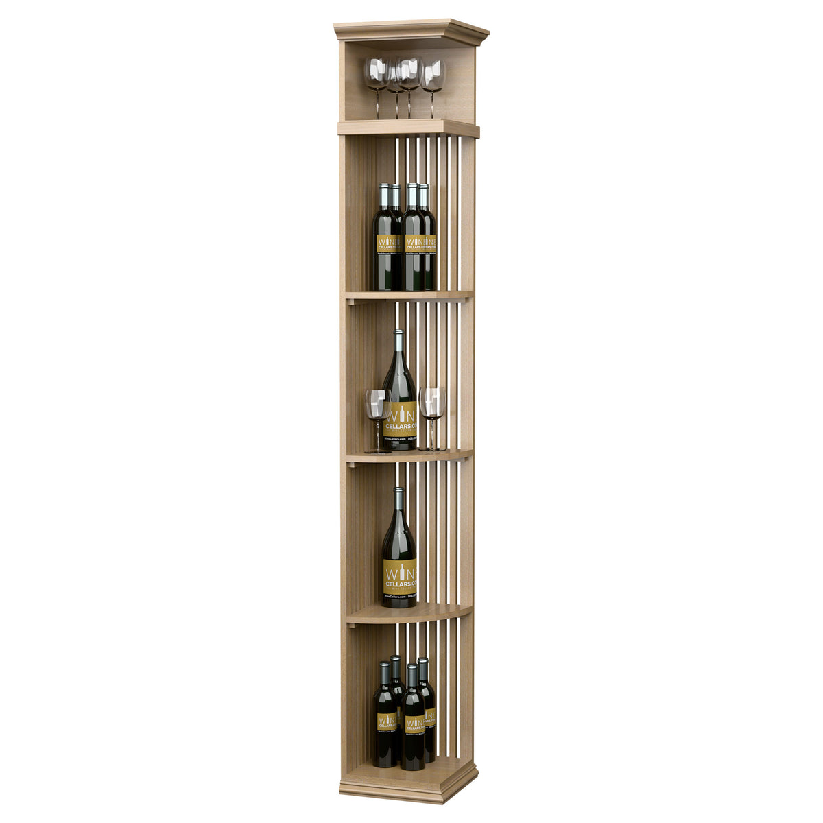 Natural light lattice wine bottle shelf with square base, 7 ft tall