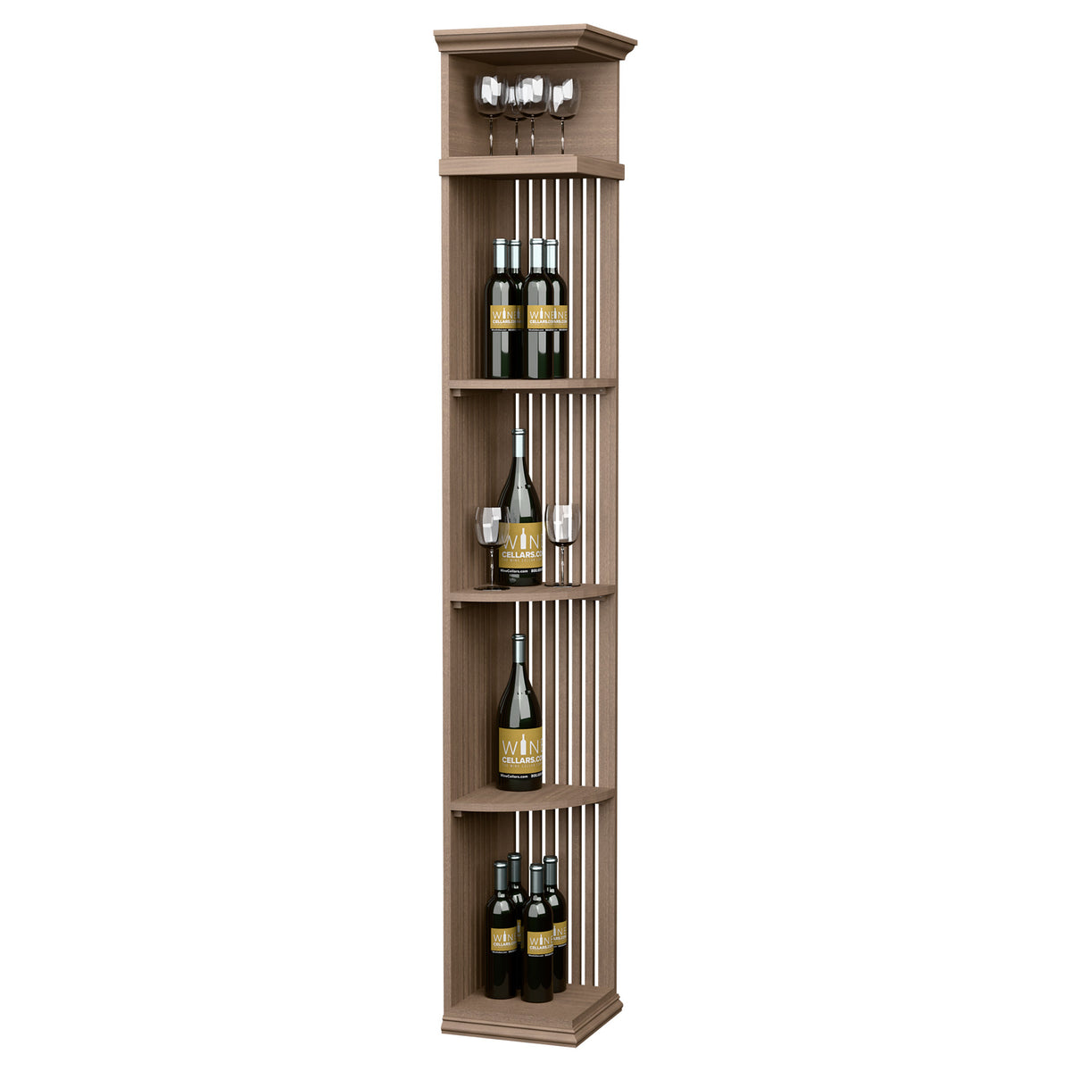 Beige lattice wine bottle shelf with square base, 7 ft tall