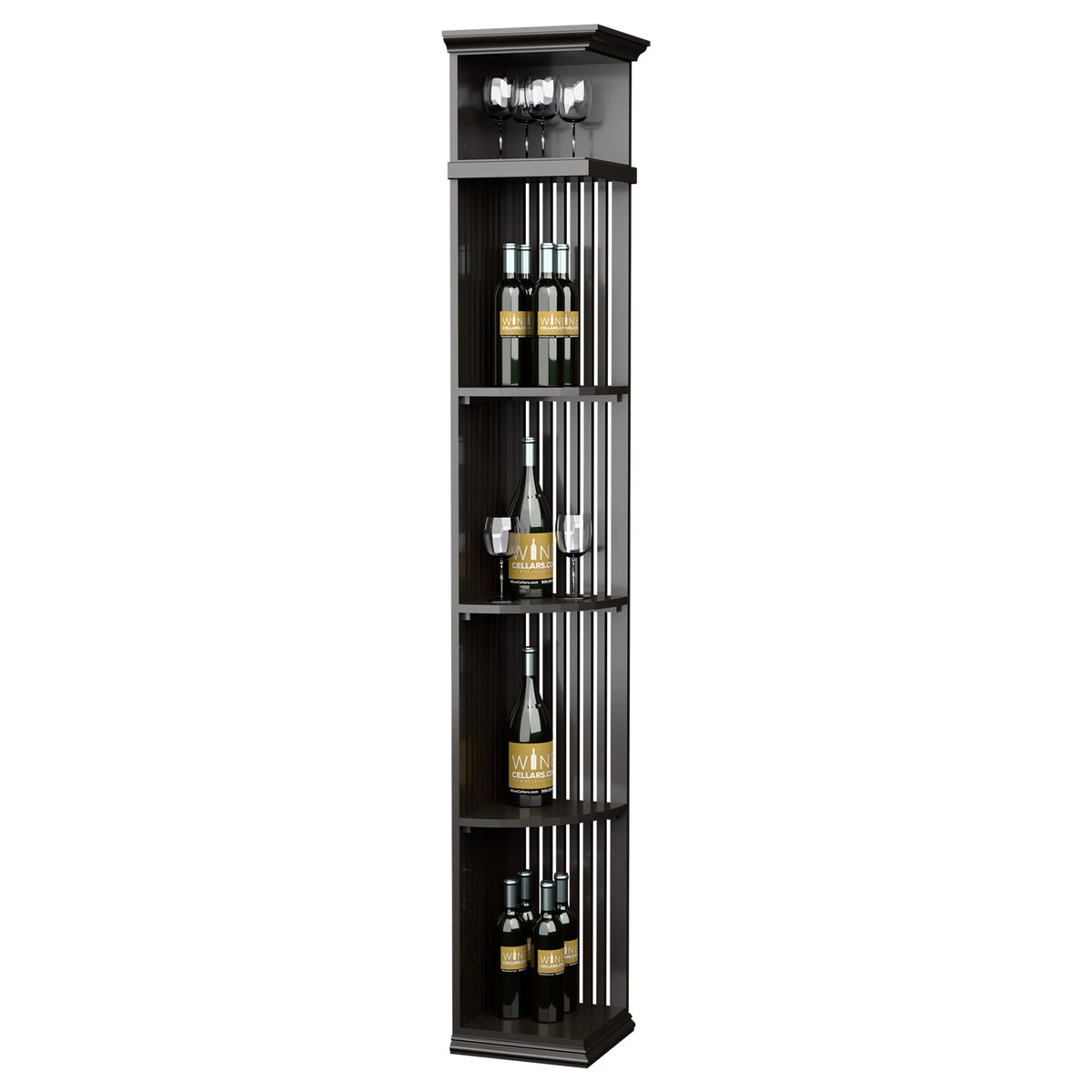 Dark gray lattice wine bottle shelf with square base, 7 ft tall