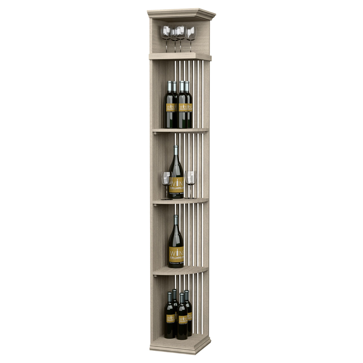 Lattice quarter round wine shelf with square base, light wood finish and bottle slots